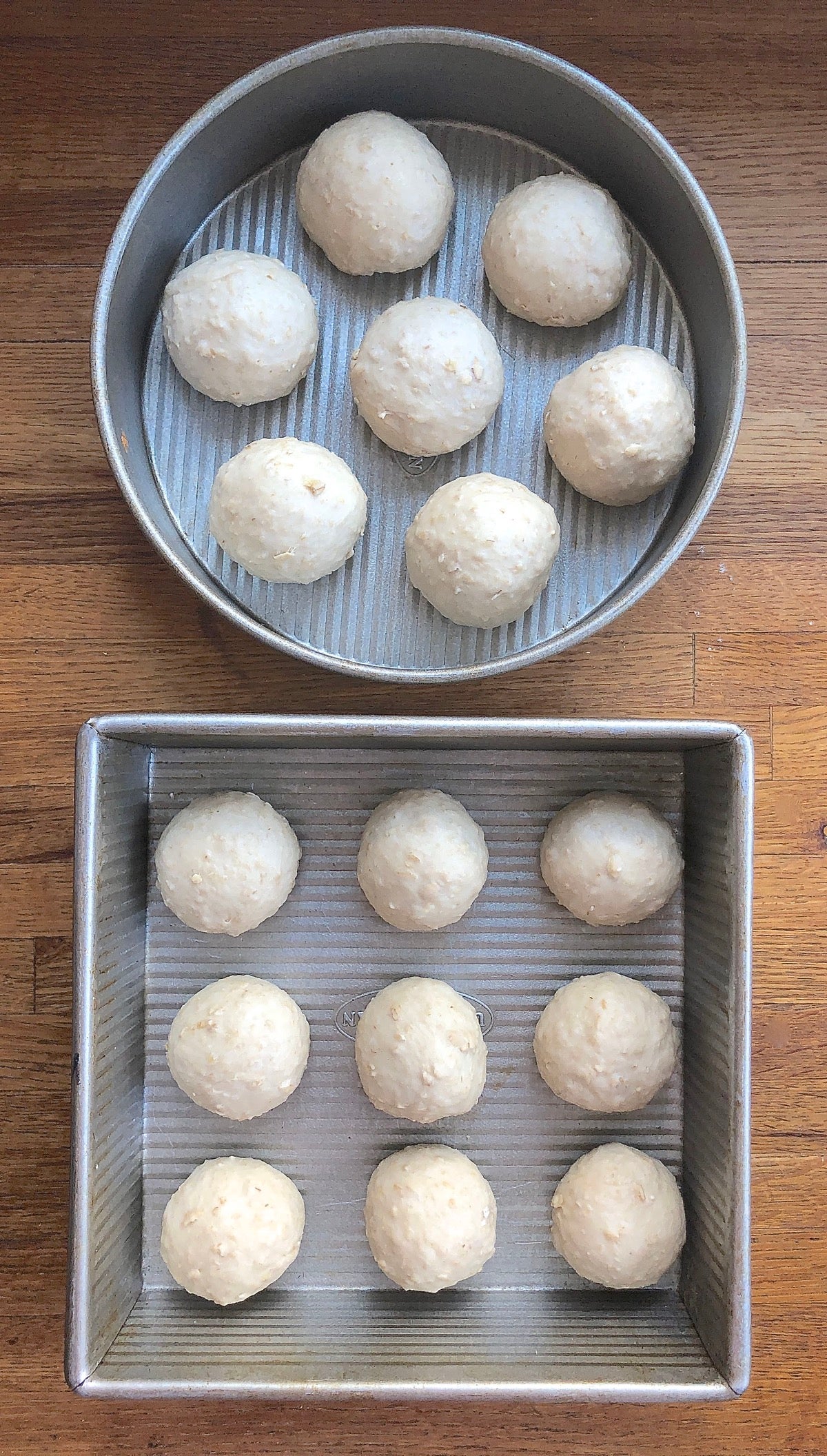Oatmeal bread dough shaped into rolls and spaced in pans, ready to rise