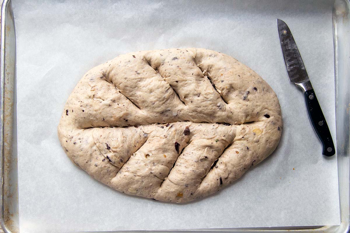 Fougasse dough with slices cut