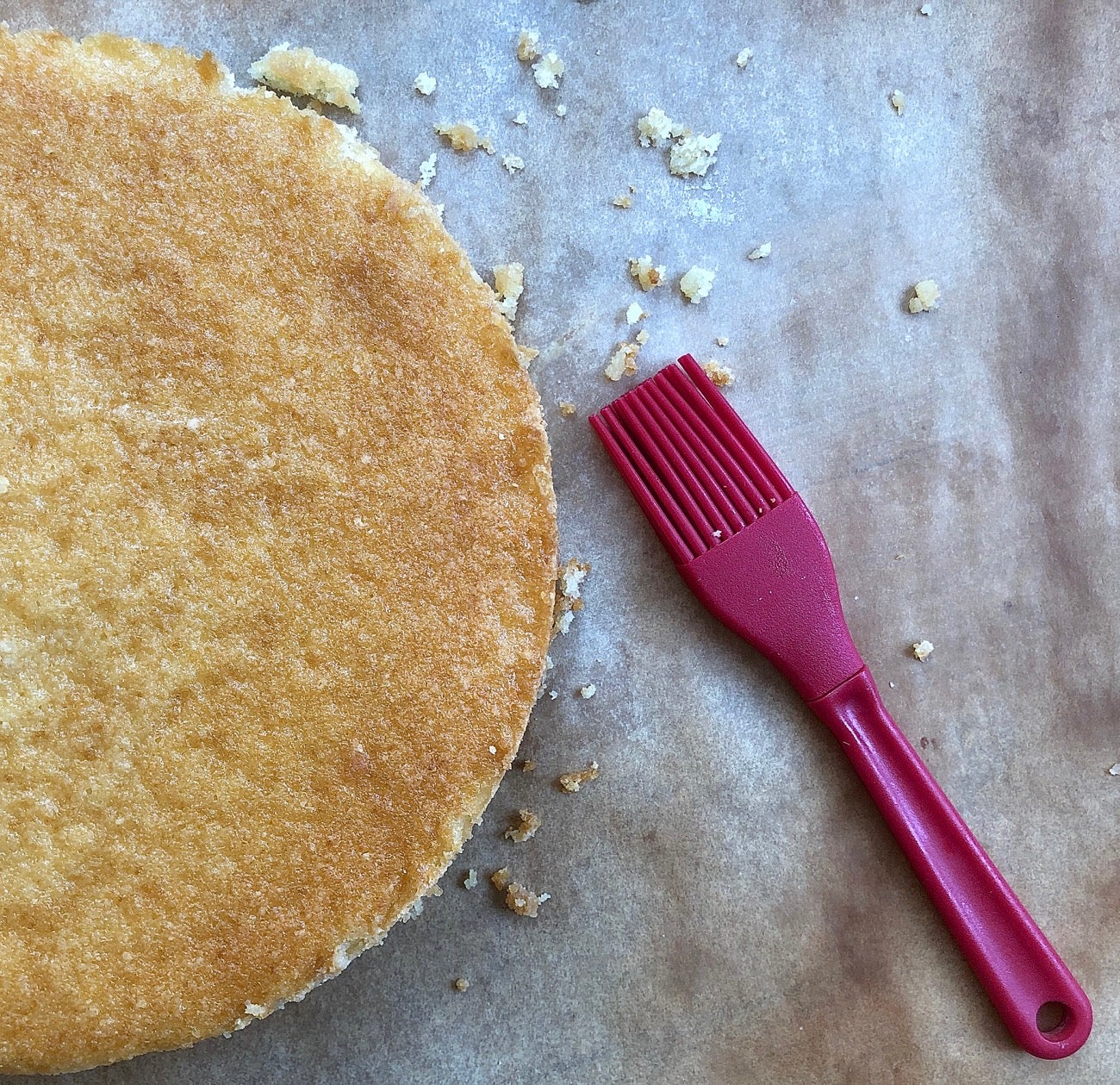 single round layer of yellow cake on a piece of parchment, with pastry brush to brush off crumbs.