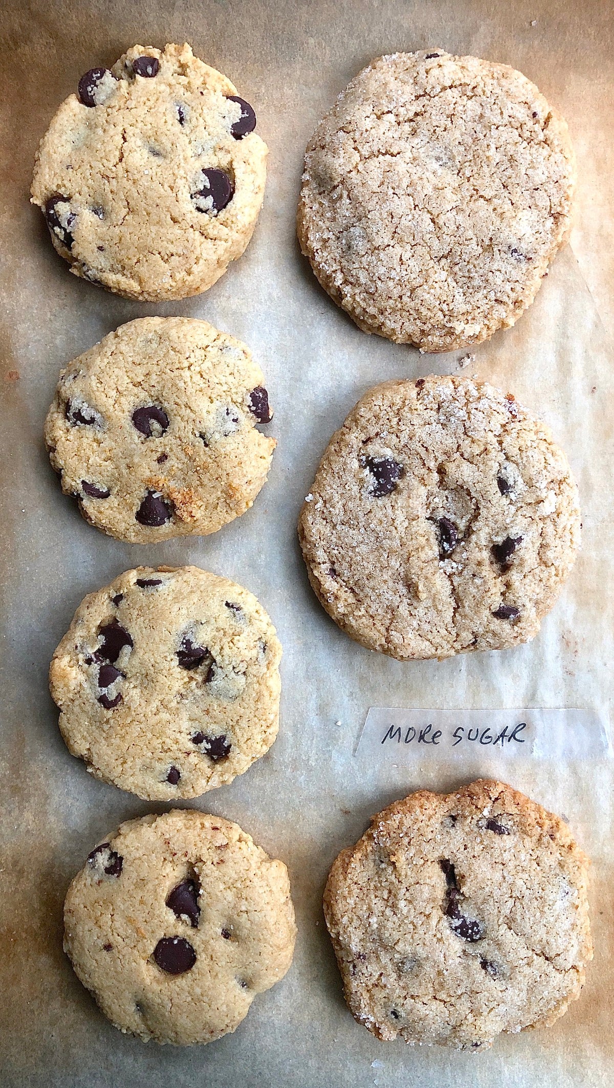 Gluten-Free Almond Flour Chocolate Chip Cookies,  less sweet and sweeter versions, on a baking sheet.