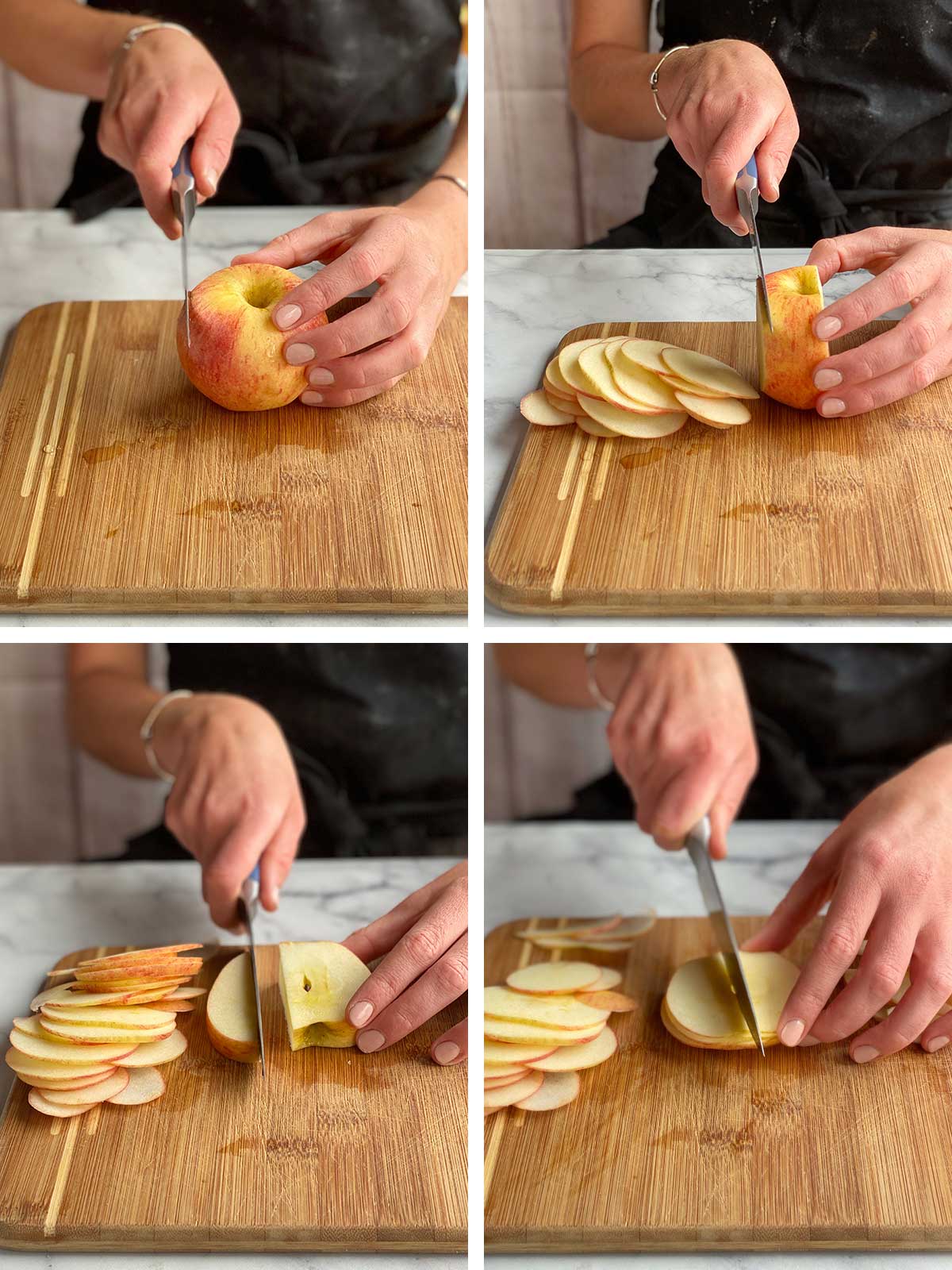 A collage of 4 images that show a baker thinly slicing apples
