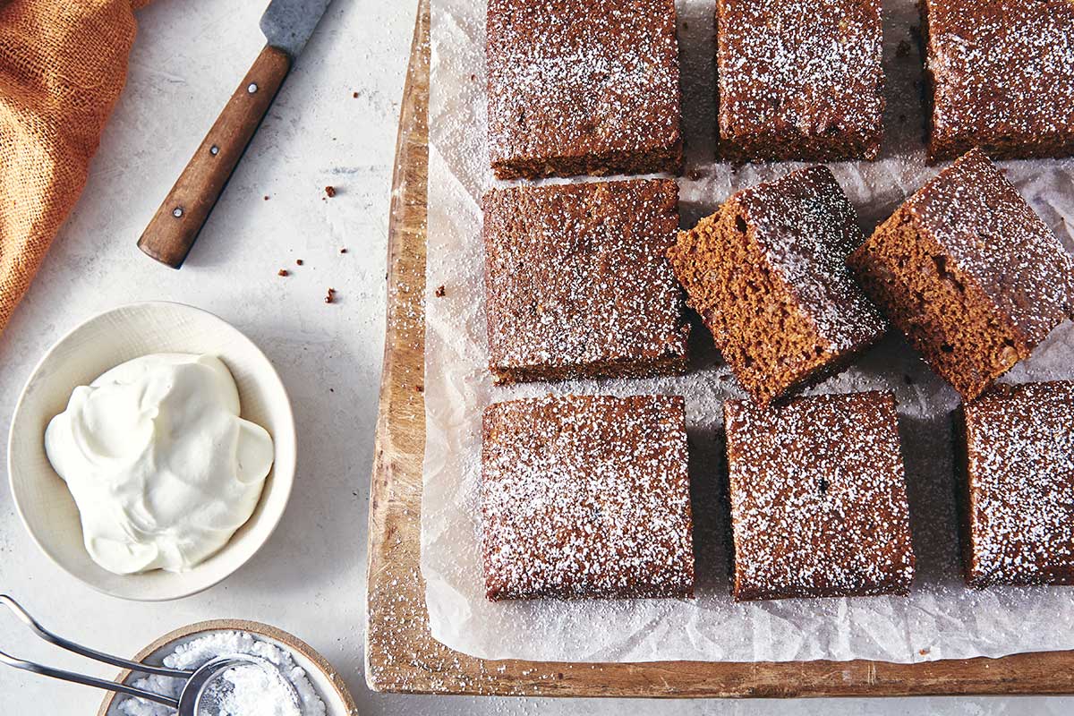 Rye Gingerbread cut into squares and dusted with powdered sugar