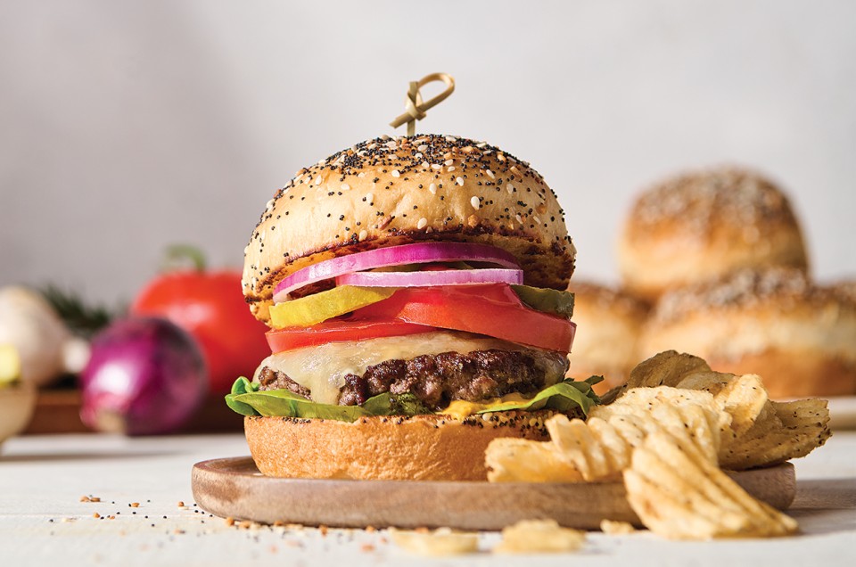 No-Knead Cheese Burger Buns - select to zoom