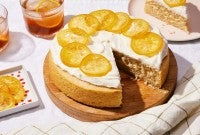 A simple, single layer lemon cake that's frosted and topped with candied lemon slices