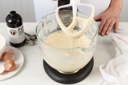 Finished hot milk cake batter in a stand mixer