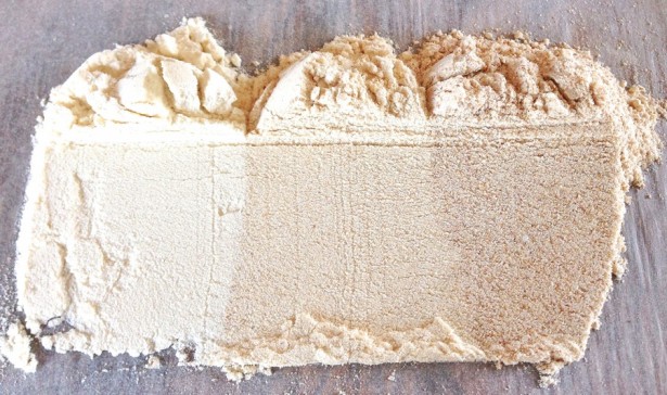 All-purpose flour on the left; white whole wheat in the center; traditional (red) whole wheat on the right. 