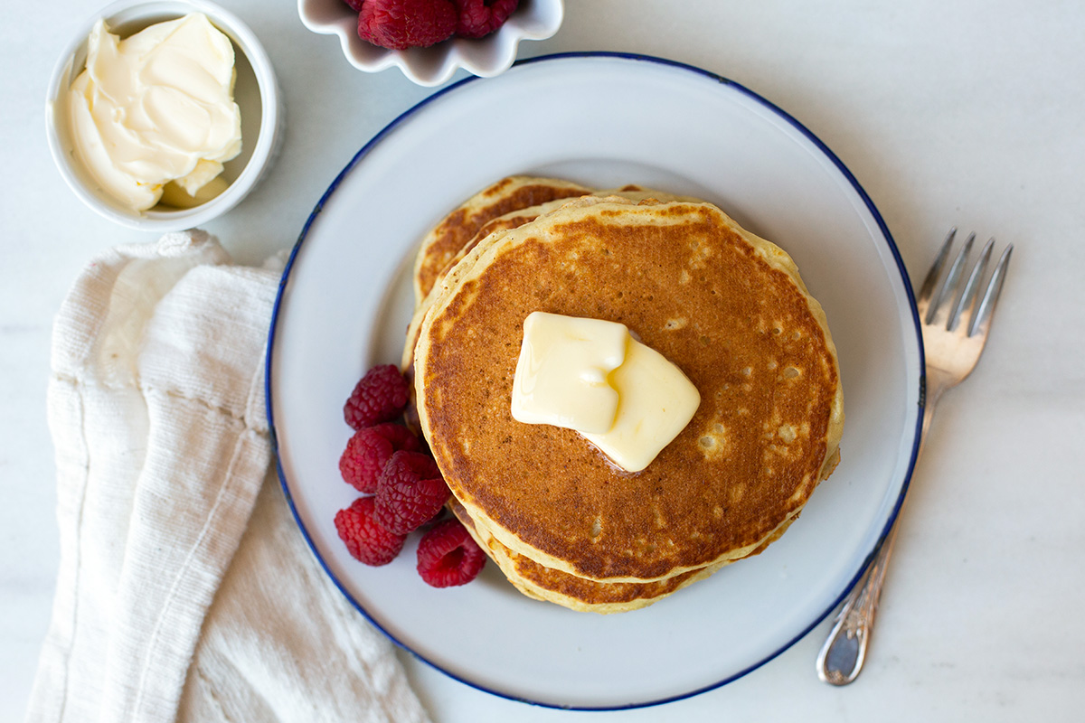 How to make decadent and buttery pancakes via @kingarthurflour