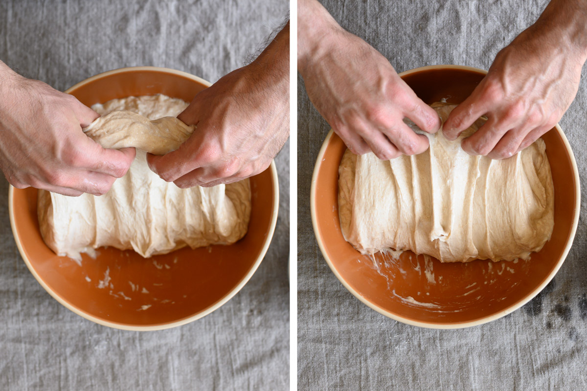 Two images of folding bread dough with wet hands