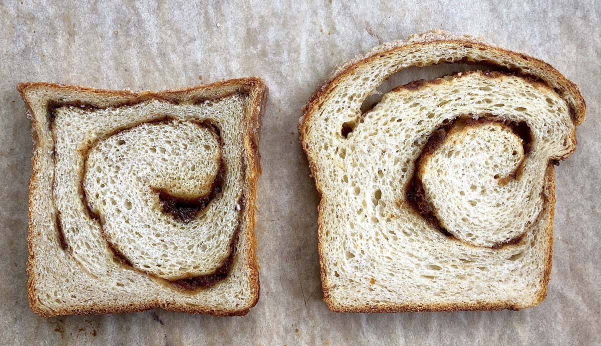 Two slices of cinnamon swirl bread, one with a gap between filling and bread, one without.