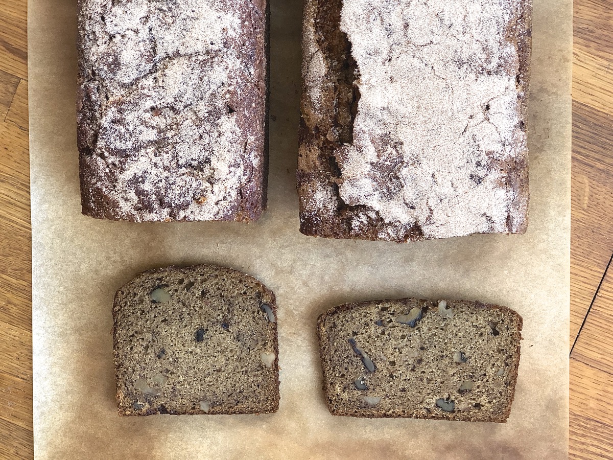 Slices of whole-grain banana bread for shape comparison: square from 9" x 4" pan, rectangular from 9" x 5" pan.