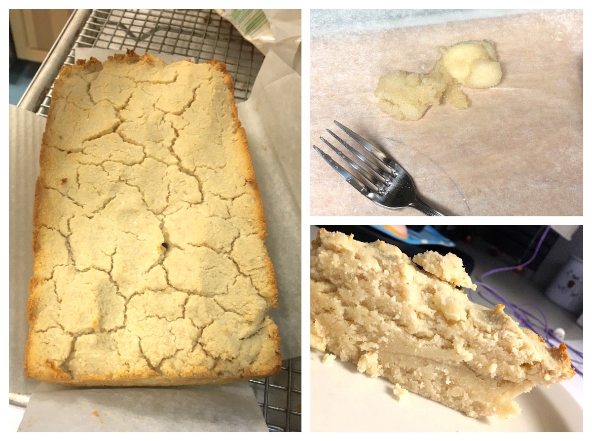 Three photos: loaf of paleo bread, unsliced; slice of paleo bread; paleo fried dough, all a crumbly mess.