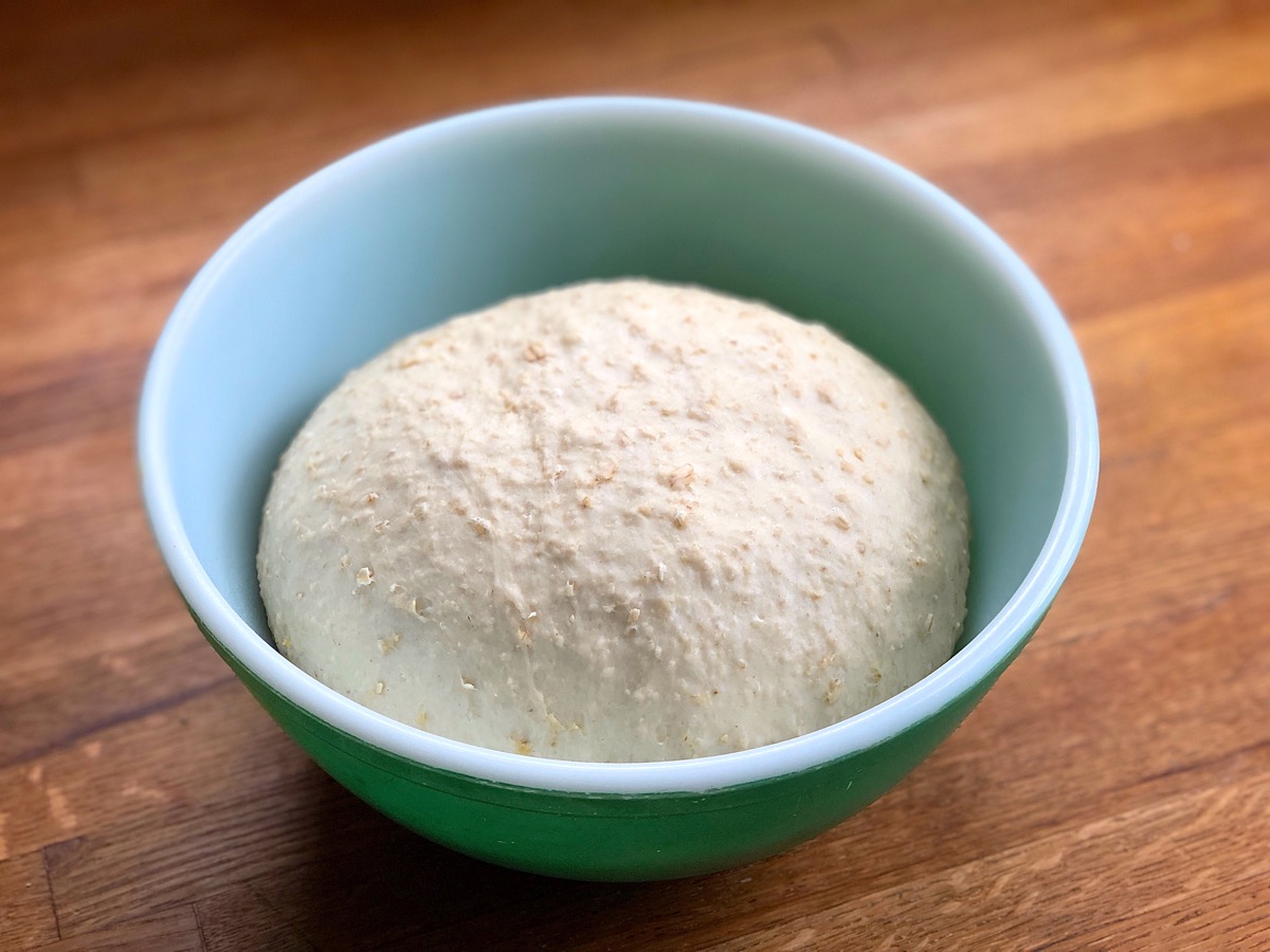 Oatmeal bread dough in a bowl, risen
