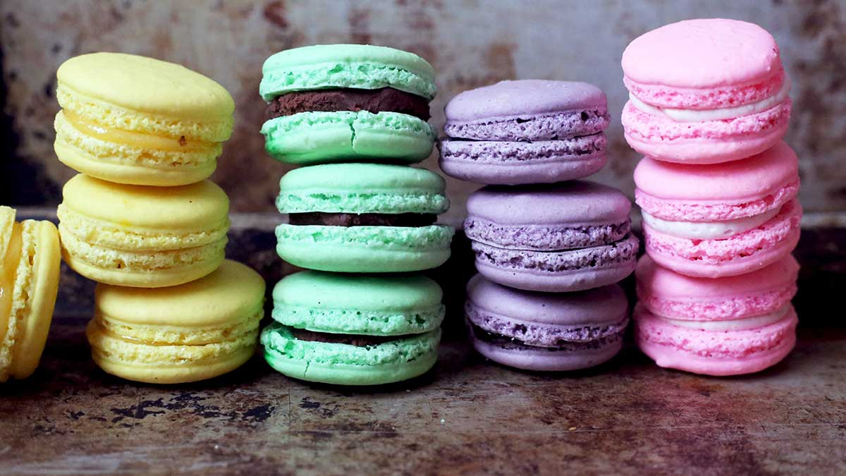 Stacks of colorful French macarons