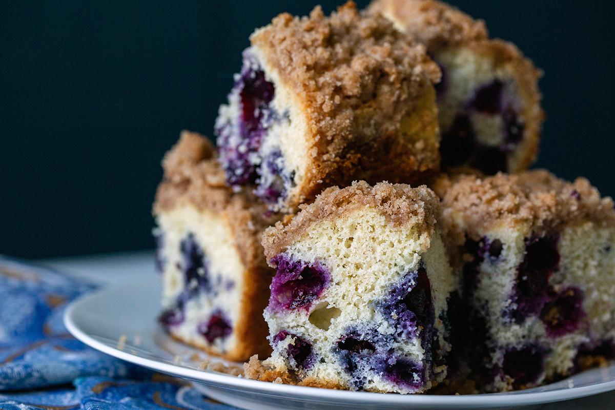 A plate of gluten-free Blueberry Buckle Coffeecake