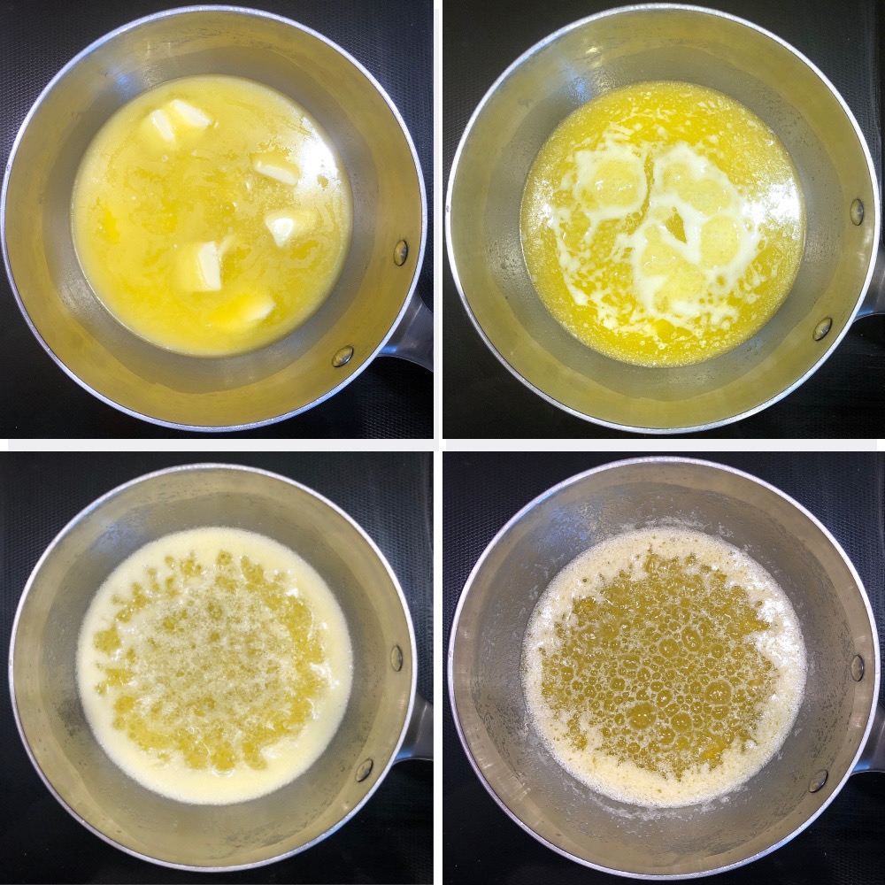 Four photos showing the four stages of butter browning in a saucepan
