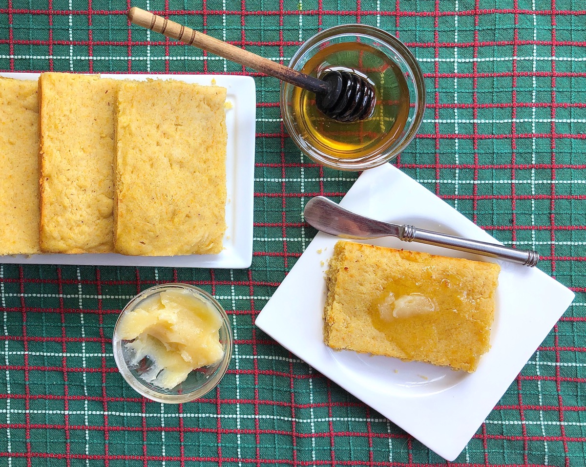 Cornbread baked in a 9" x 13" pan, then cut into rectangles to make toaster corncakes.