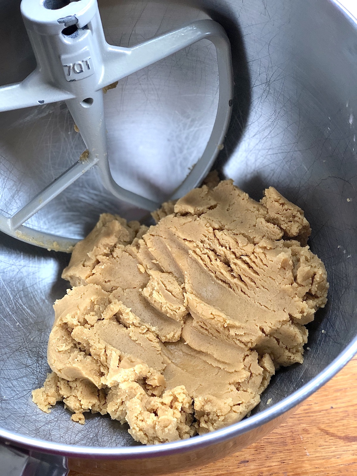Peanut butter cookie dough in a mixing bowl.