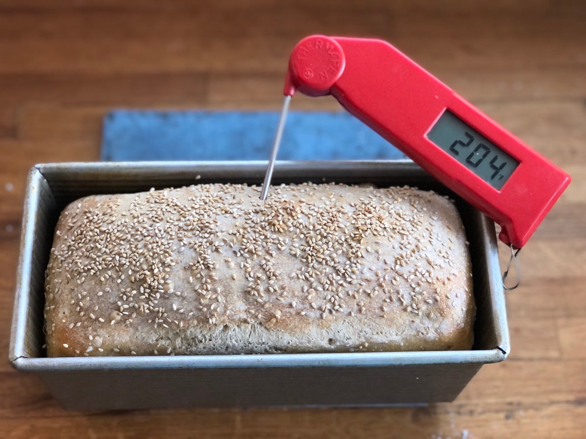 Baked sourdough bread with a thermometer inserted into its center registering 204°F.