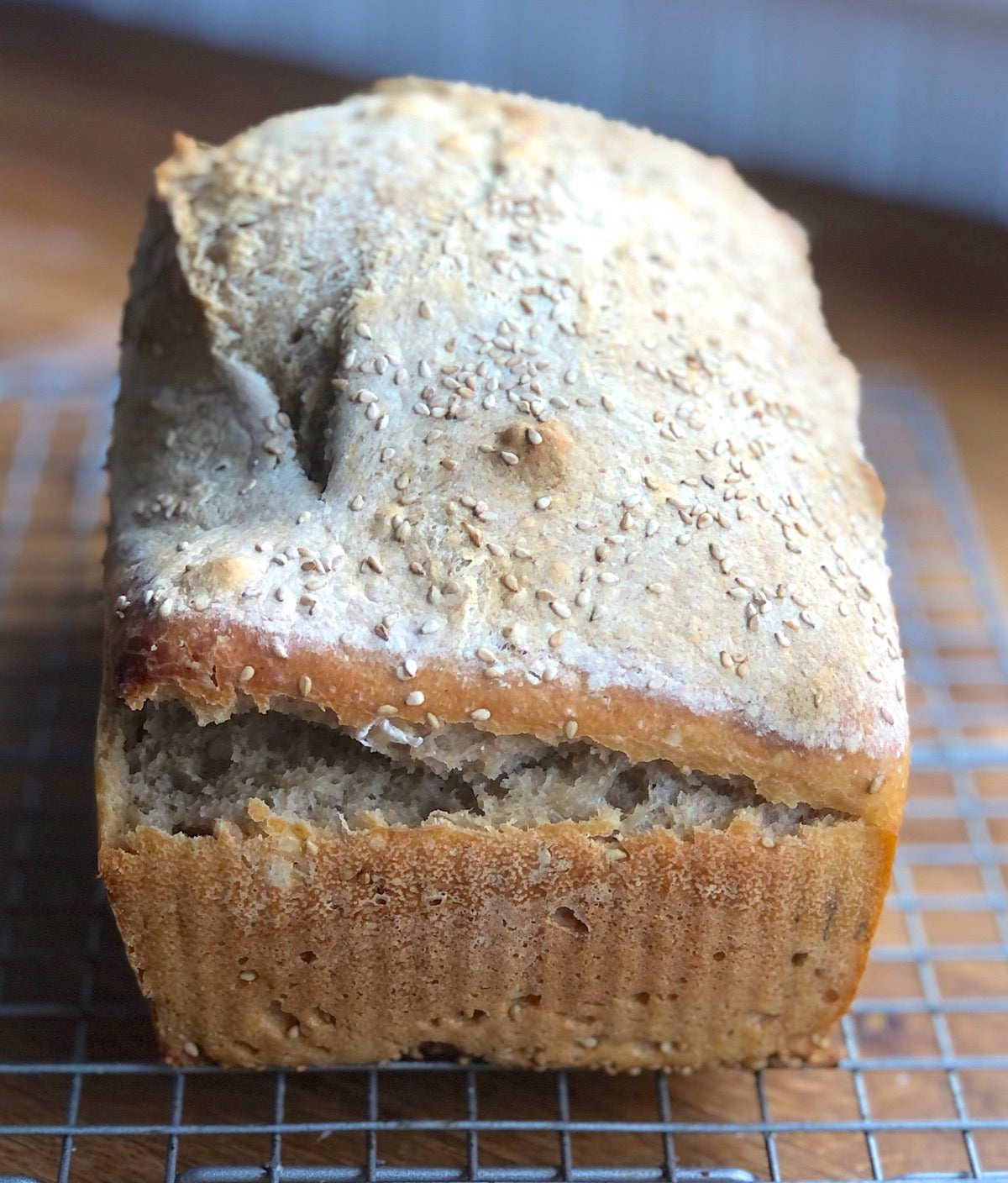 Sourdough bread baked in a 9" x 5" pan; sides split, top bumpy.