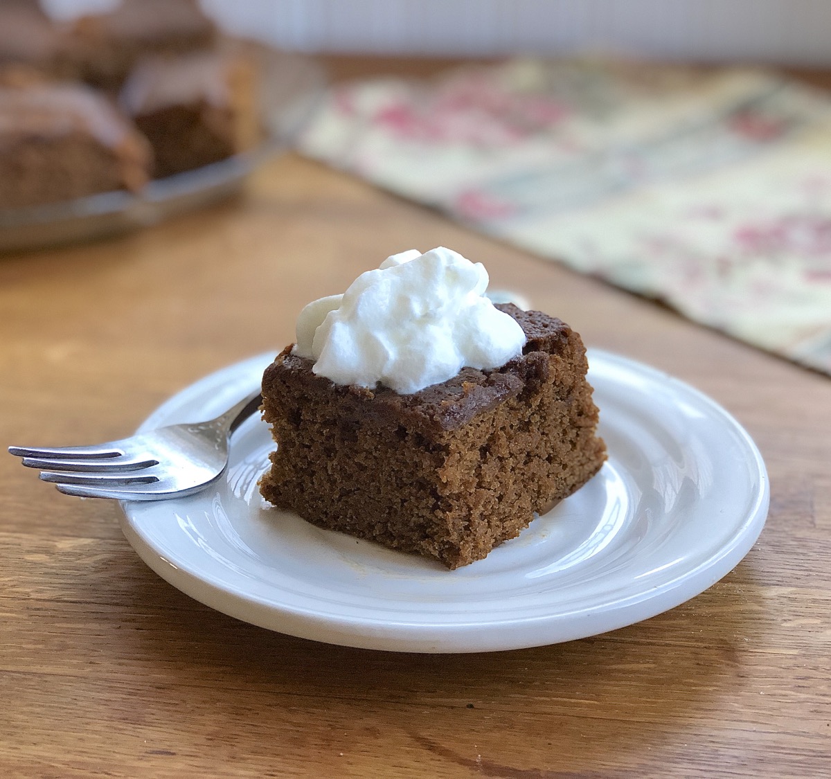 Square of gingerbread on a plate topped with whipped cream.