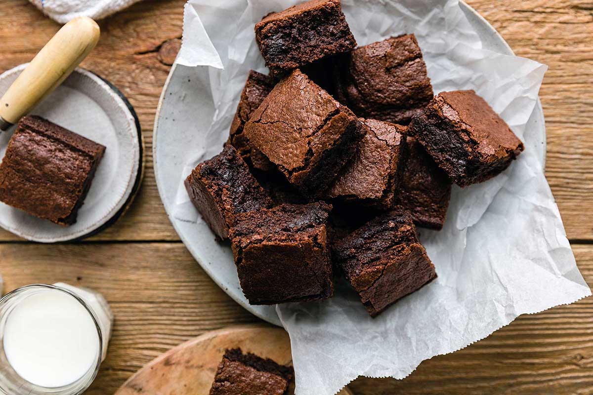 A platter of gluten-free quick and easy fudge brownies