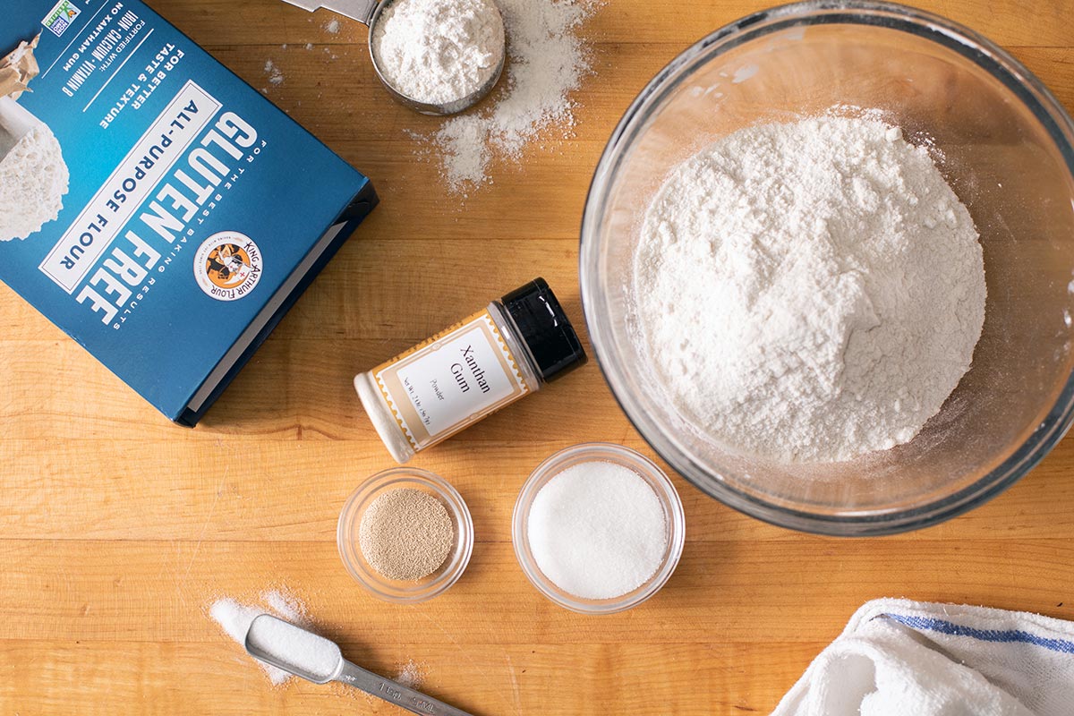 All of the ingredients needed to make gluten-free cinnamon rolls, including King Arthur Gluten-Free Flour