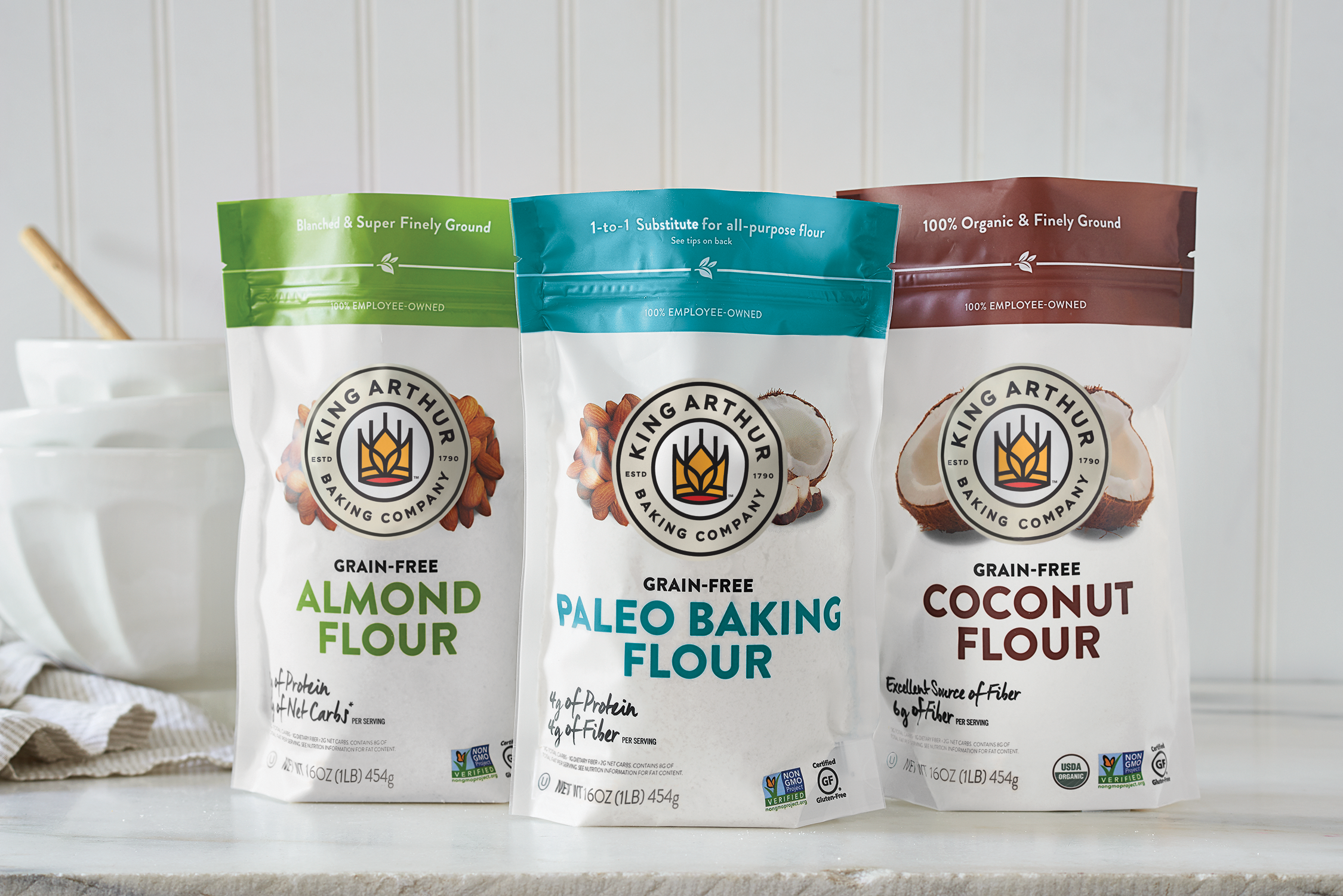 Line of grain free flours featuring updated King Arthur Baking Company logo