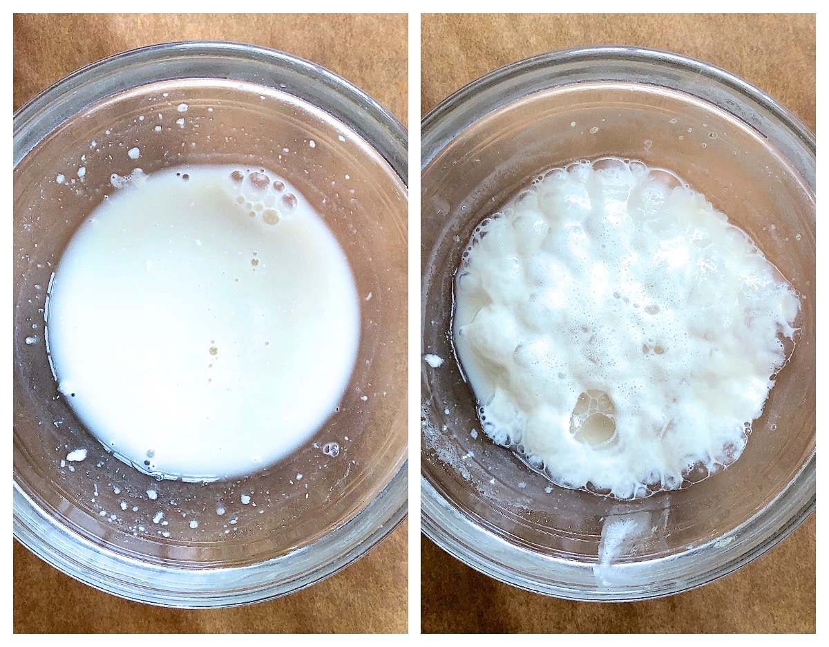 Side-by=side pictures of yeast being proofed in a small glass bow: once before proofing, once after