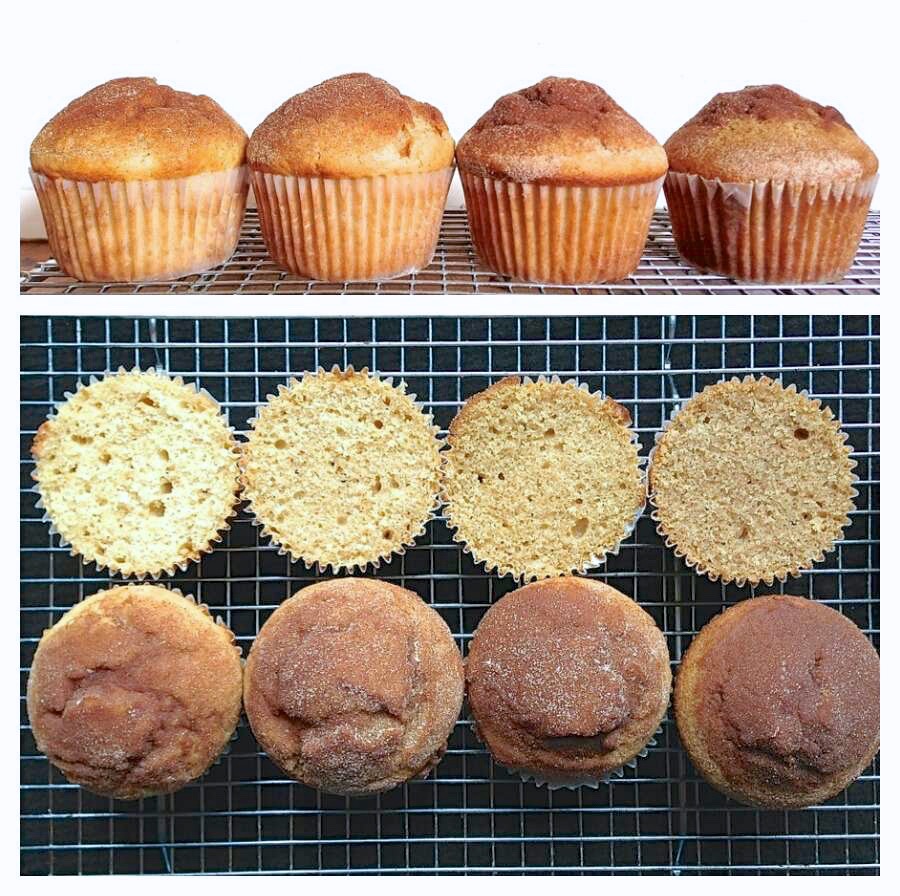 Two photos of doughnut muffins: one head on to show the height of their rise, one top down, cut, to show their interior color