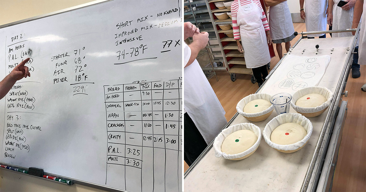 Baking math on a whiteboard and a lesson in bread scoring at the King Arthur Flour Baking School at the Bread Lab
