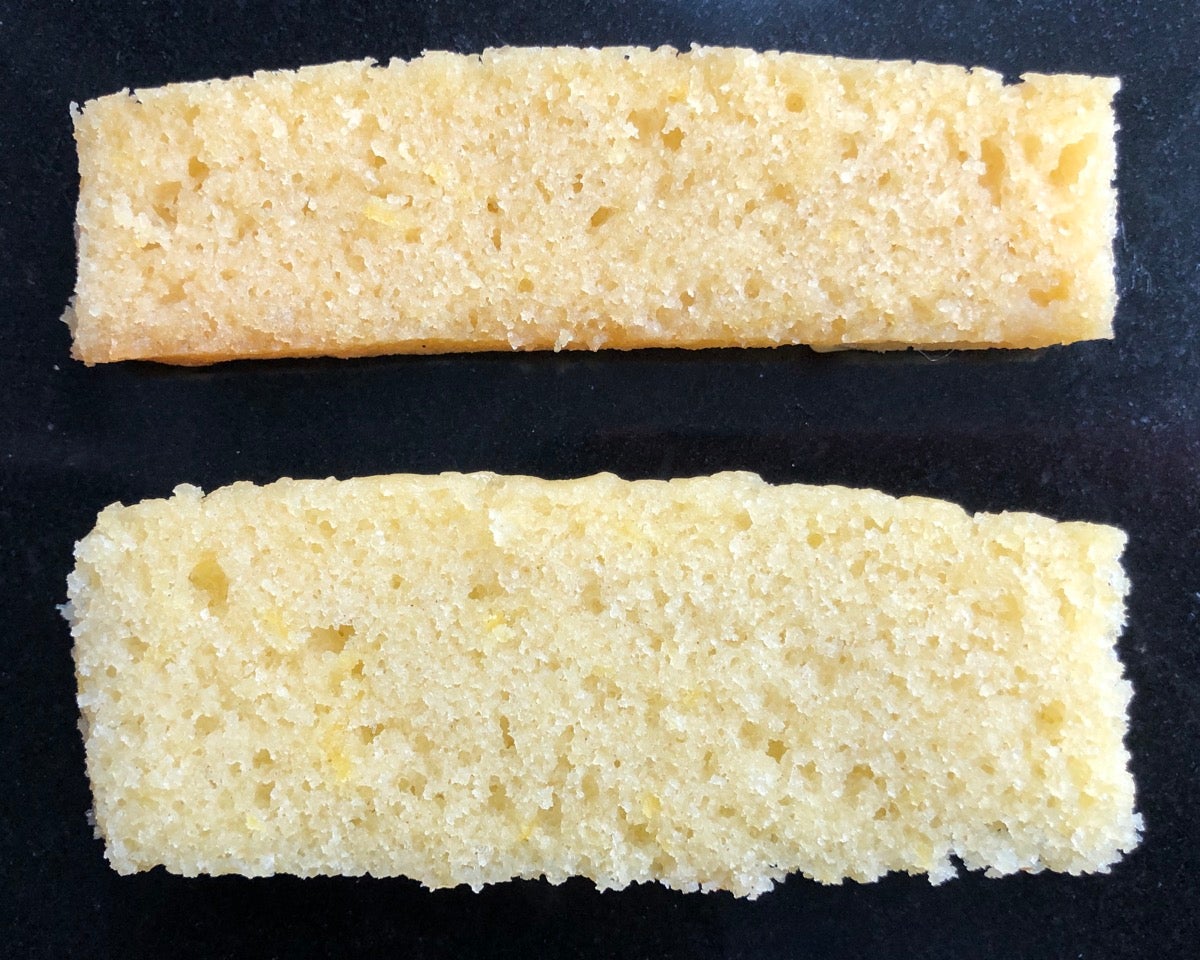 Two slices of cake, one made with Baking Sugar Alternative, one with regular cane sugar,  showing their relative rise