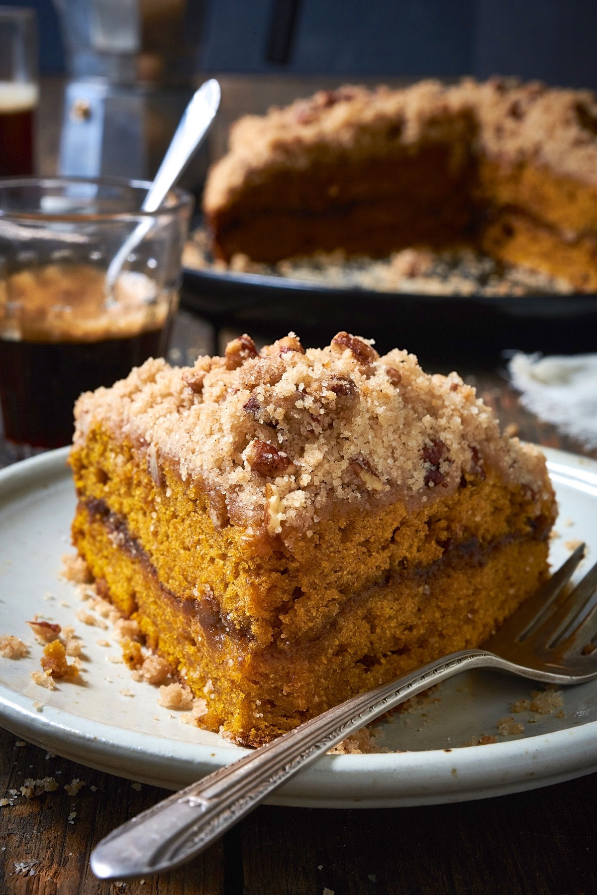 A square of pumpkin streusel coffeecake on a plate