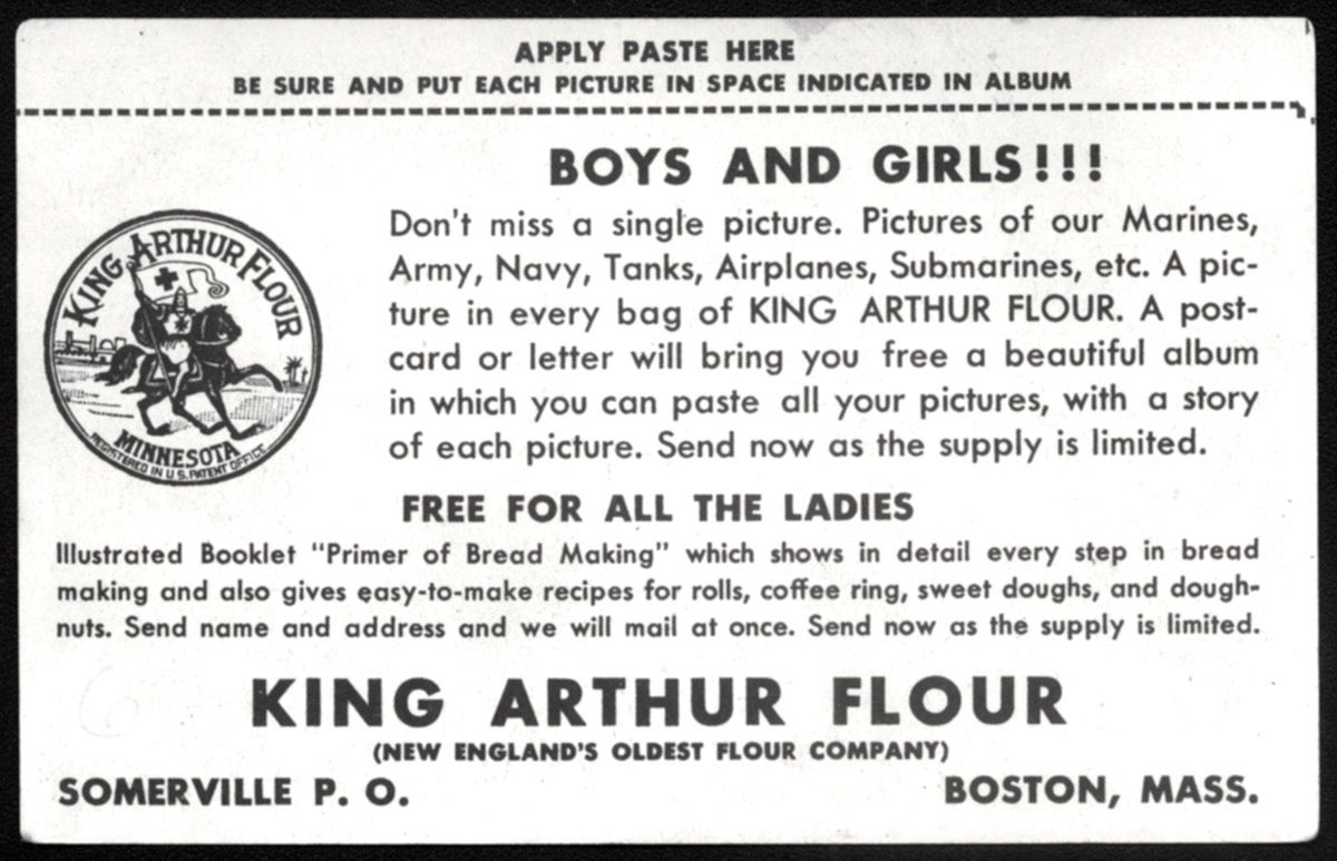 King Arthur Flour advertising card from World War II offering a free bread baking primer.
