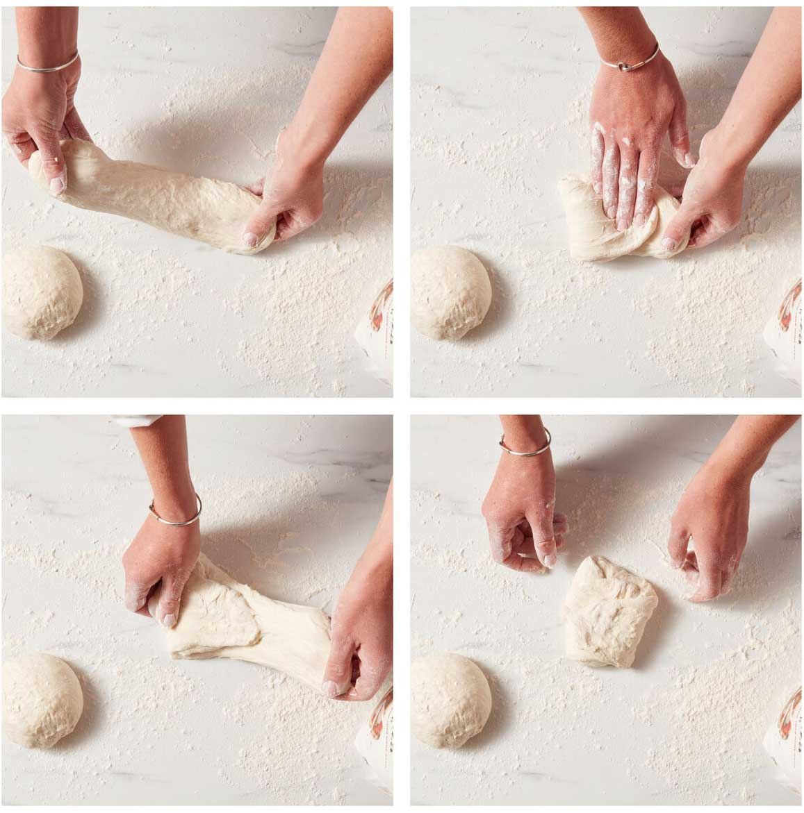 Four photos showing the dough being stretched and folded