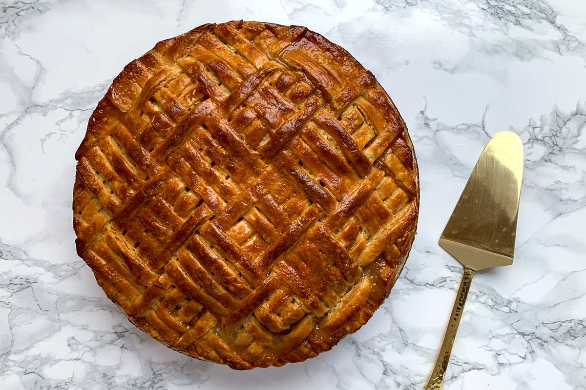 Baked apple pie with quilt design