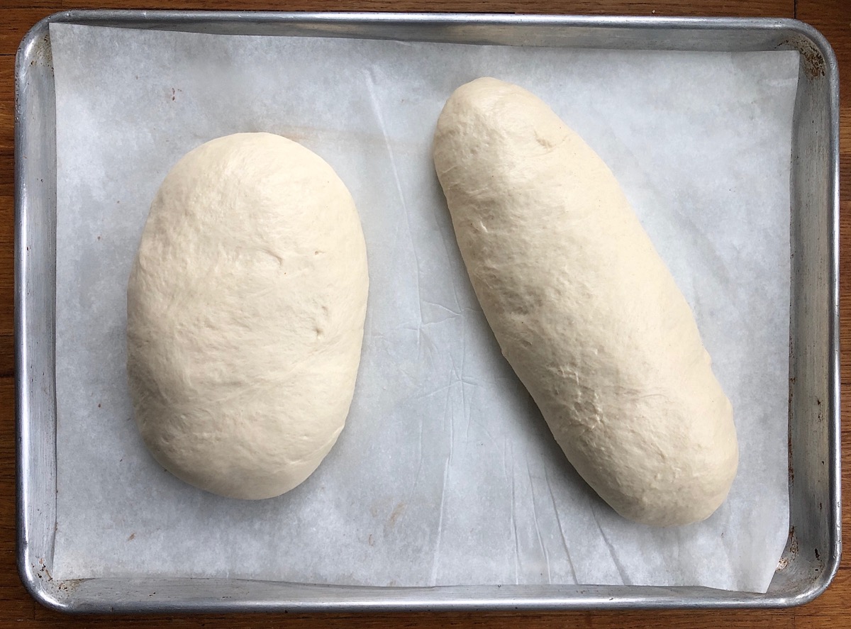 Two risen loaves of sourdough bread ready to be baked.