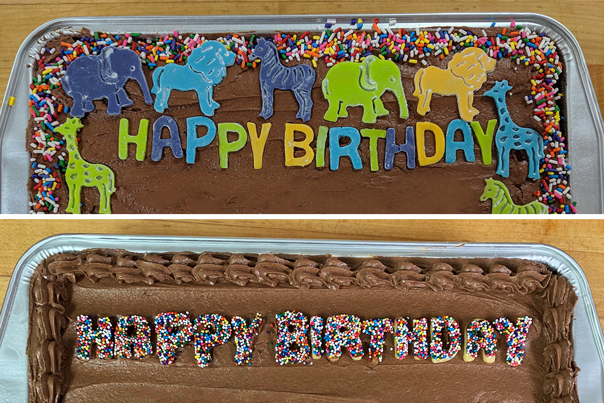 Two birthday cakes with sprinkles, cut-out animals, and other decorations