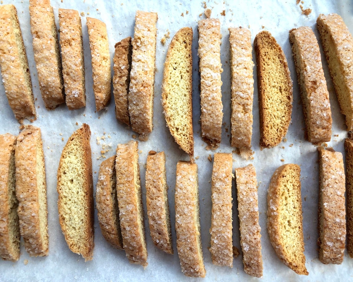 Biscotti cooling on a baking sheet