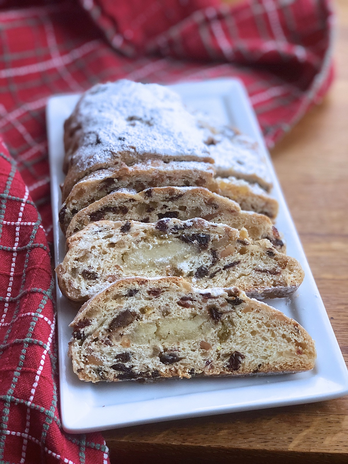 Sliced stollen on a serving plate.