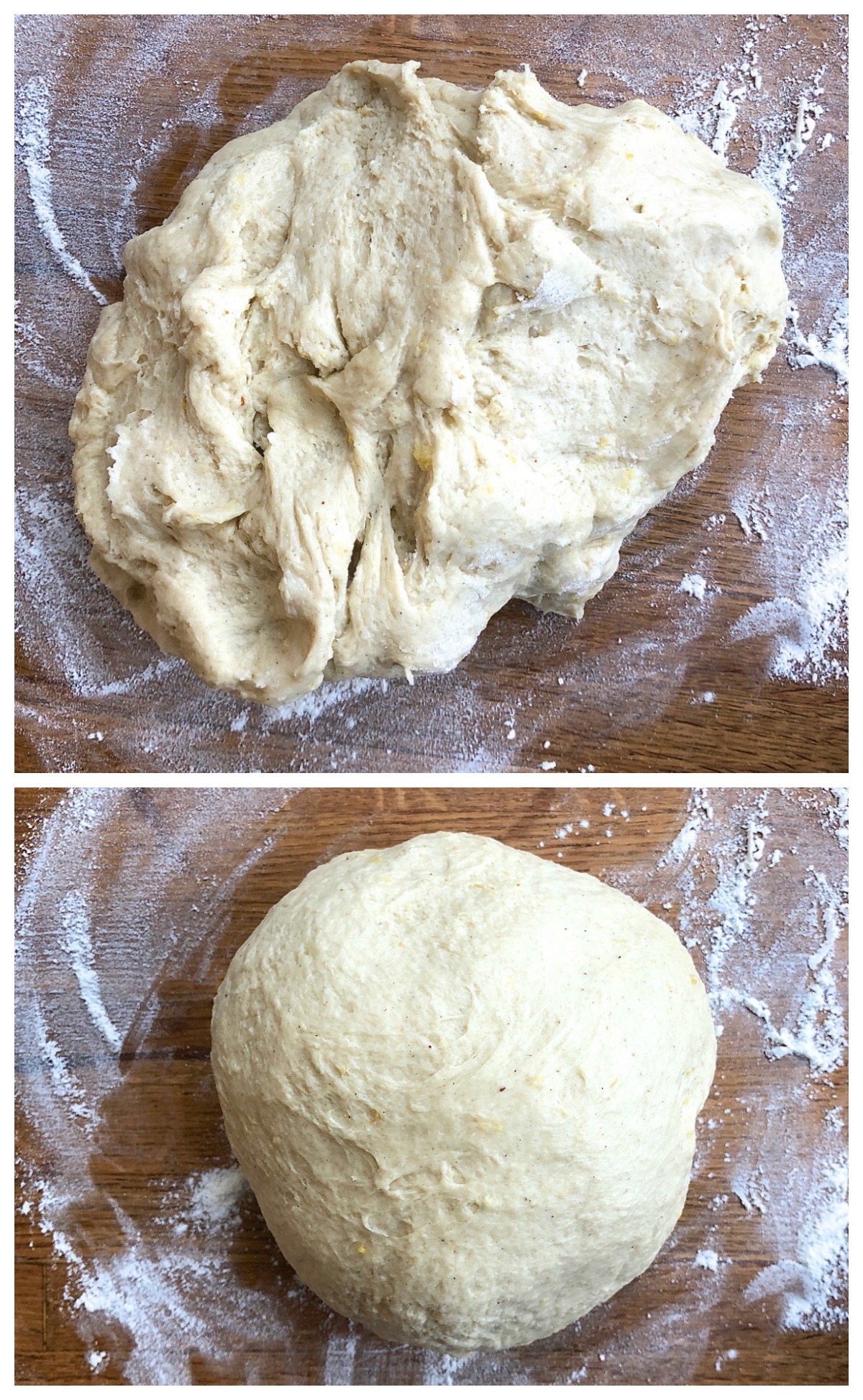 Two pictures: Stollen dough mixed together, still rough; and fully kneaded stollen dough in a smooth ball.