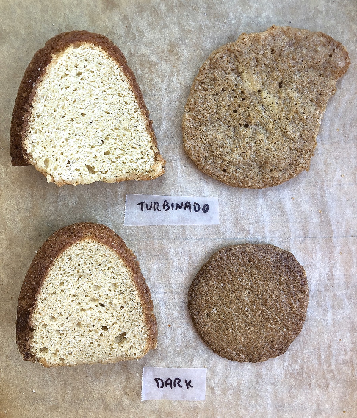 Slice of pound cake and a cookie made with turbinado sugar, vs. made with dark brown sugar, to show the differences.