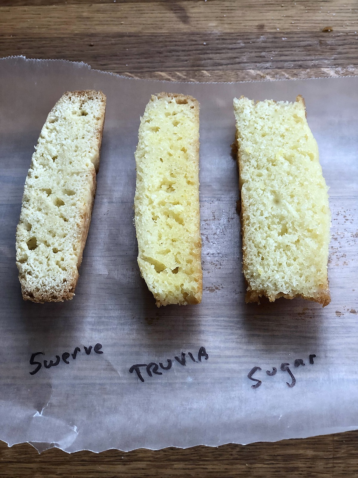 Three slices of cake baked with three different sweeteners, showing difference in rise and interior texture.