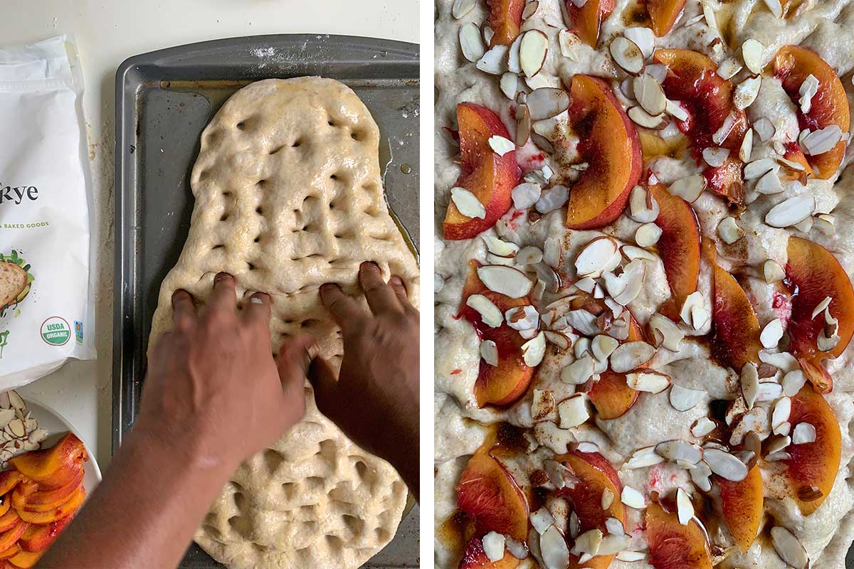 Bryan's hand dimpling the dough next to a photo of the unbaked focaccia