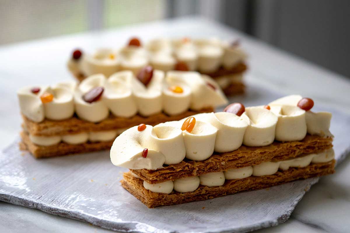 Three maple cream napoleons made with Inverse Puff Pastry, with the pastry layers visible 