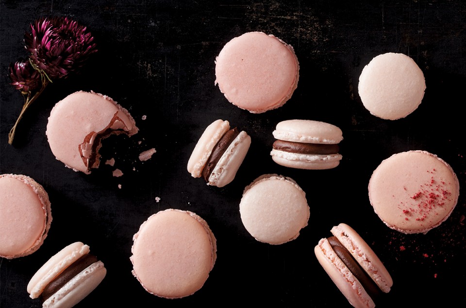 Pink macarons with chocolate filling