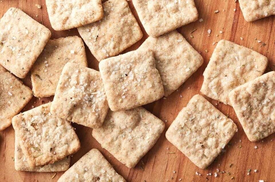 Sourdough crackers on a wooden board