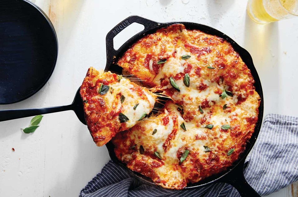 Pizza in cast iron pan