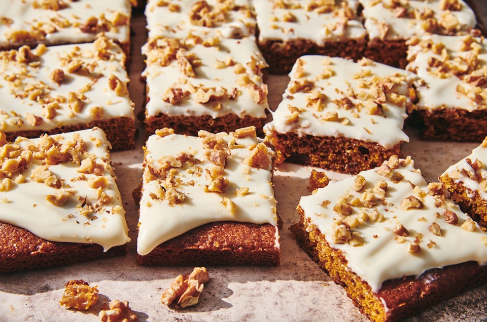 Pumpkin Cake Bars with Cream Cheese Frosting  - select to zoom