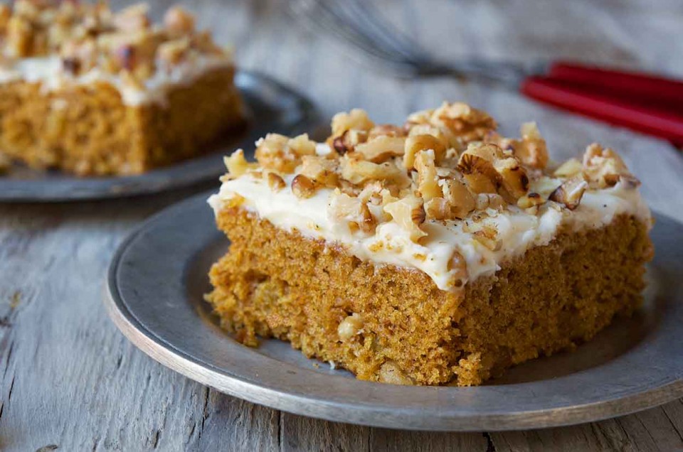 Pumpkin Cake Bars with Cream Cheese Frosting - select to zoom