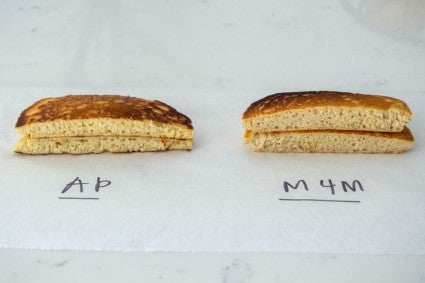 Cross section of all-purpose flour pancakes next to cross-section of gluten-free pancakes